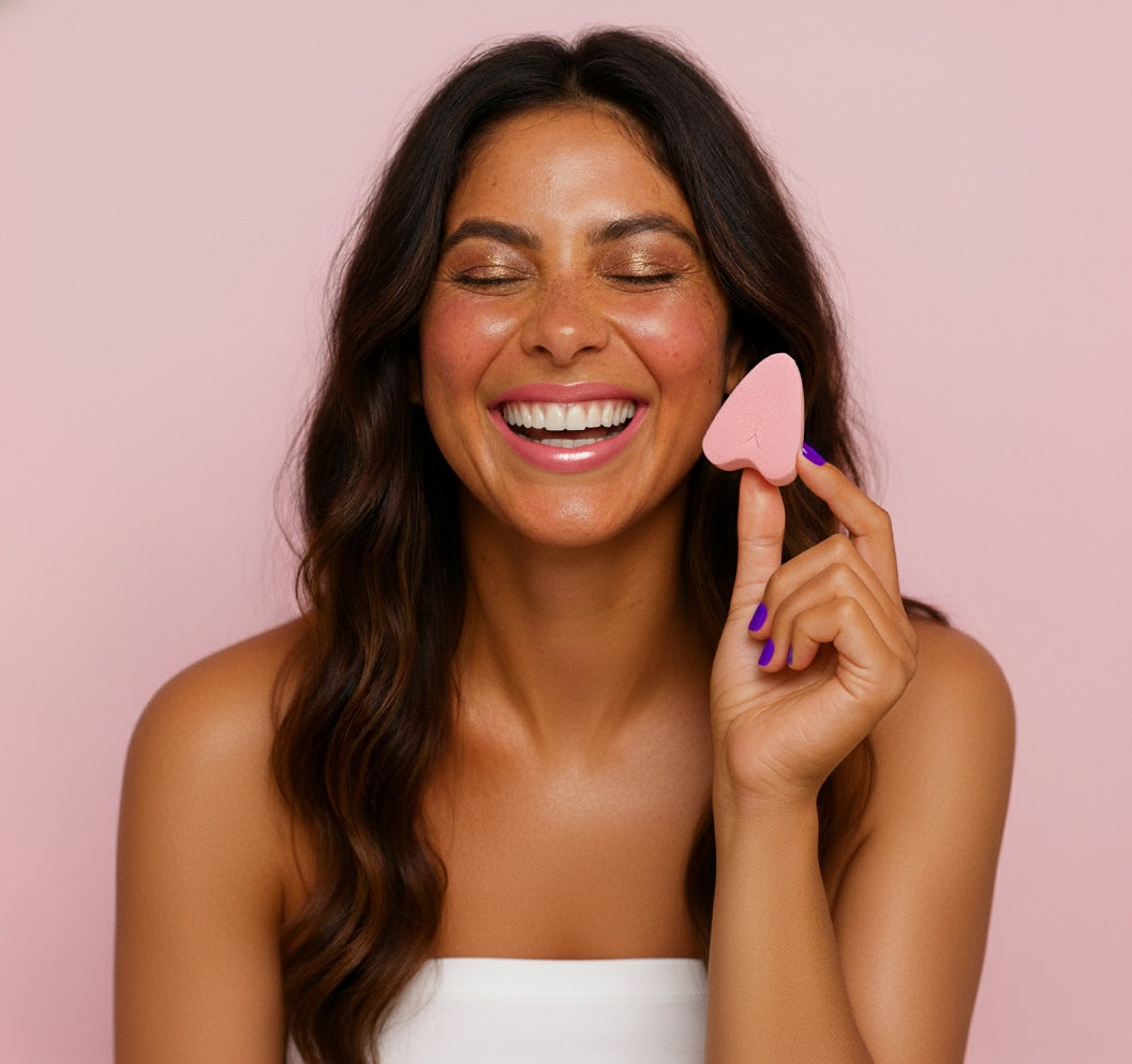 Woman holding a FemmeFlo menstrual sponge against a pink background