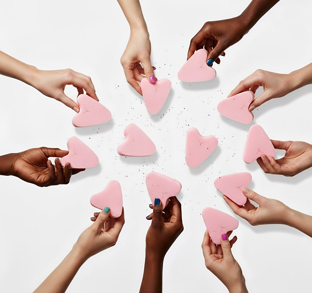 Multiple hands holding FemmeFlo menstrual sponges against a white background