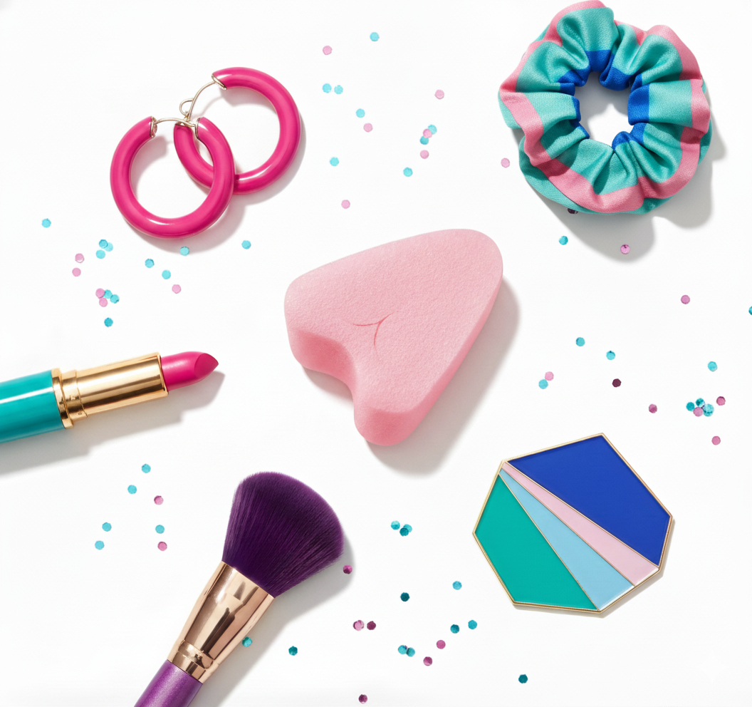 FemmeFlo menstrual sponge flat lay with colourful accessories