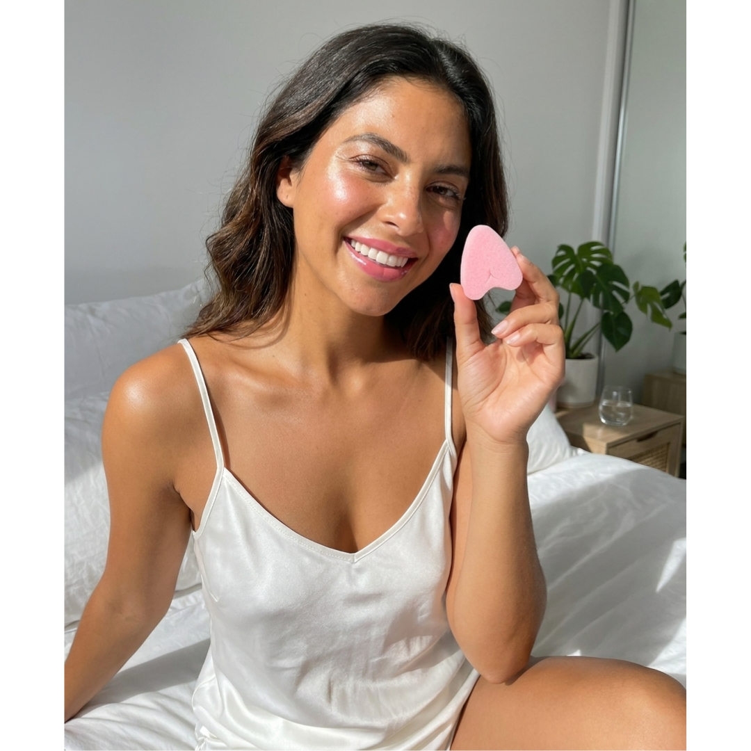 Woman holding a FemmeFlo menstrual sponge in a bedroom setting