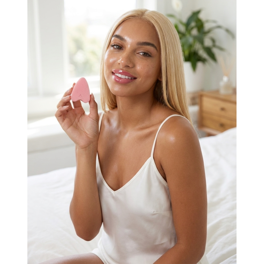 Woman holding a FemmeFlo menstrual sponge while sitting on a bed